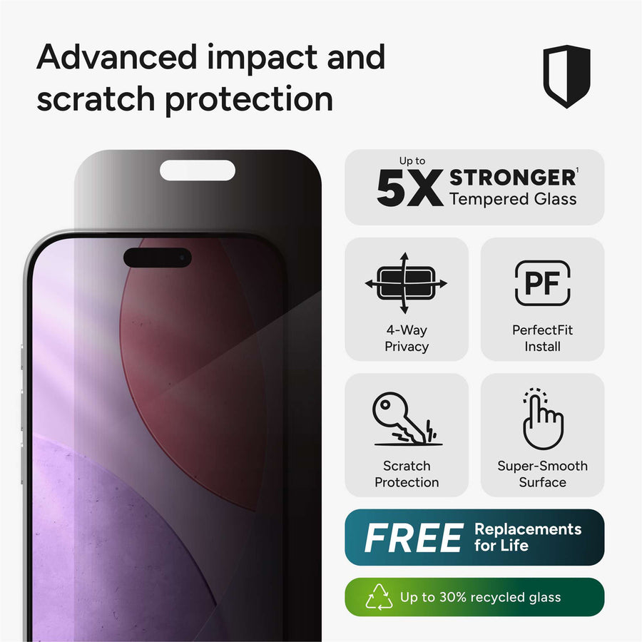 200118665 - ZAGG InvisibleShield Glass Elite Privacy 360 Screen Protector, Apple 17 Pro