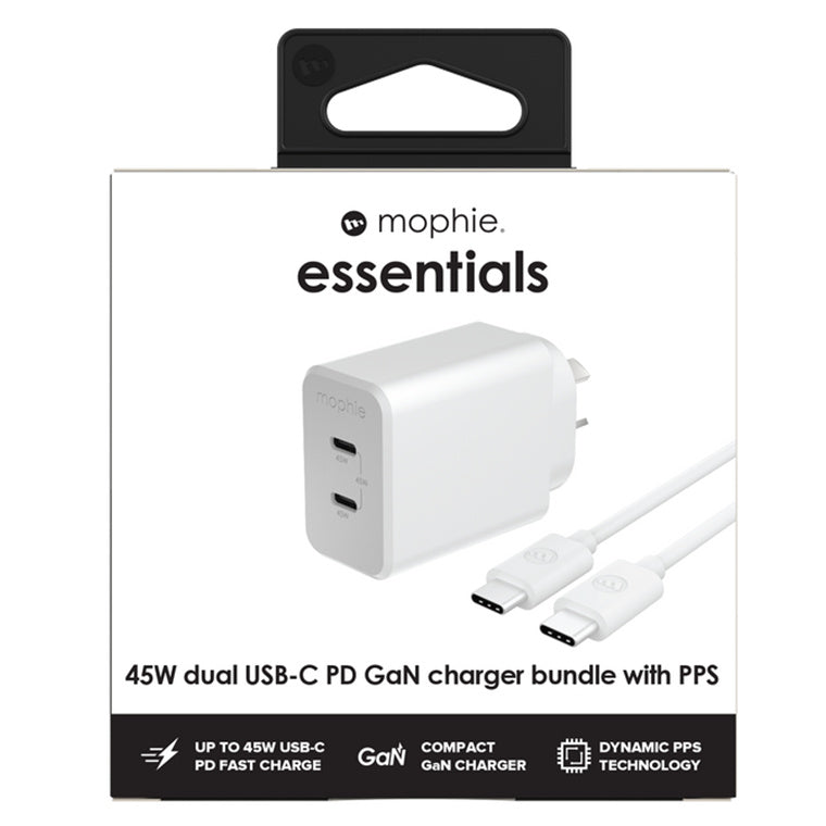 ZAGG 409918000 - mophie essential 45W USB-C Wandladegerät & C-C Kabelbundle, Power Delivery, 2C, Weiß