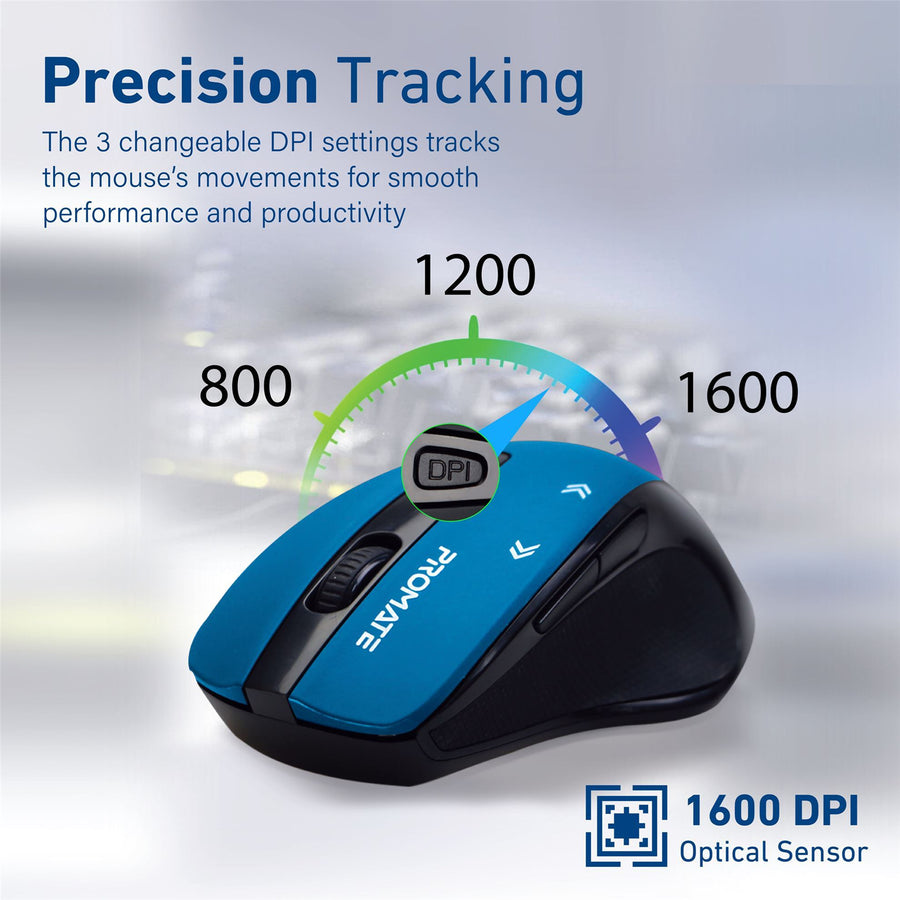 Promate CURSOR-BL - EZGrip Ergonomic Wireless Mouse w/ Quick Forward/Back Buttons Blue
