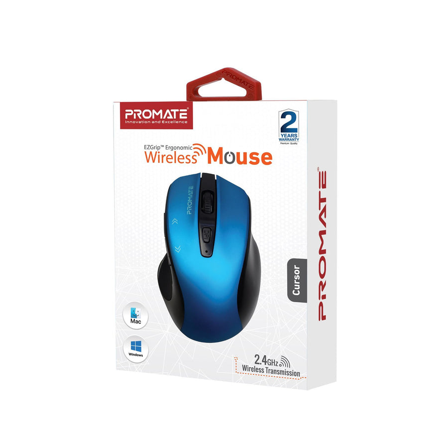 Promate CURSOR-BL - EZGrip Ergonomic Wireless Mouse w/ Quick Forward/Back Buttons Blue