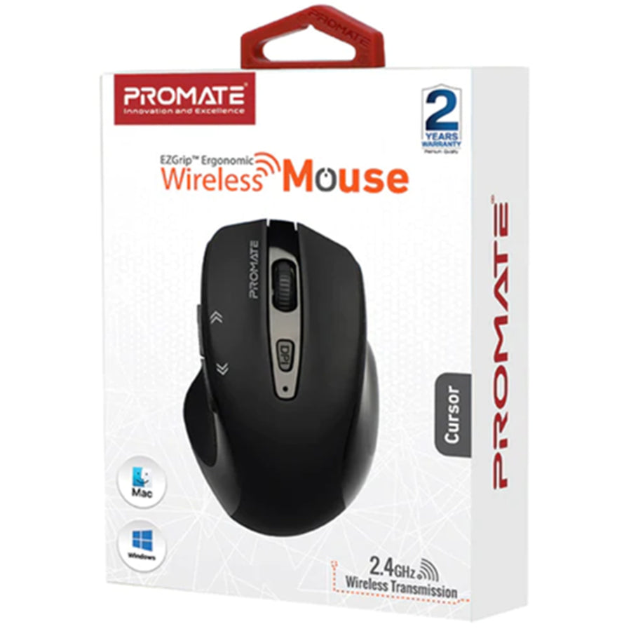 Promate CURSOR-BLK - EZGrip Ergonomic Wireless Mouse w/ Quick Forward/Back Buttons. 800/1200/1600Dpi 10m