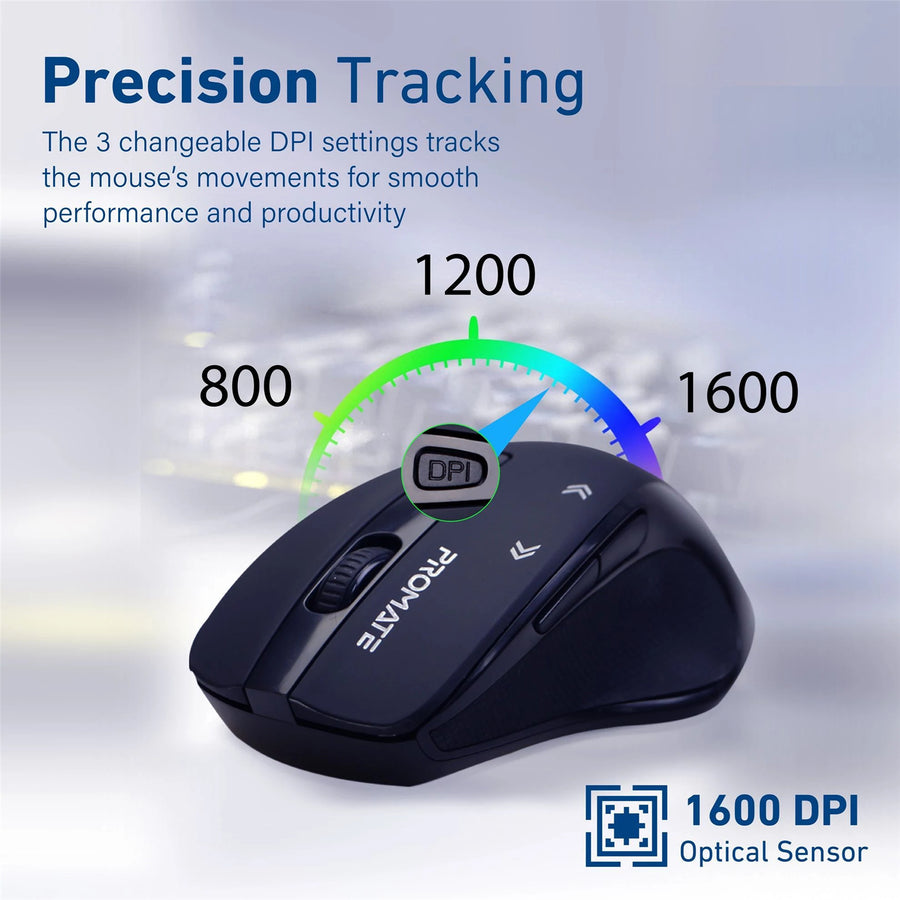 Promate CURSOR-BLK - EZGrip Ergonomic Wireless Mouse w/ Quick Forward/Back Buttons. 800/1200/1600Dpi 10m