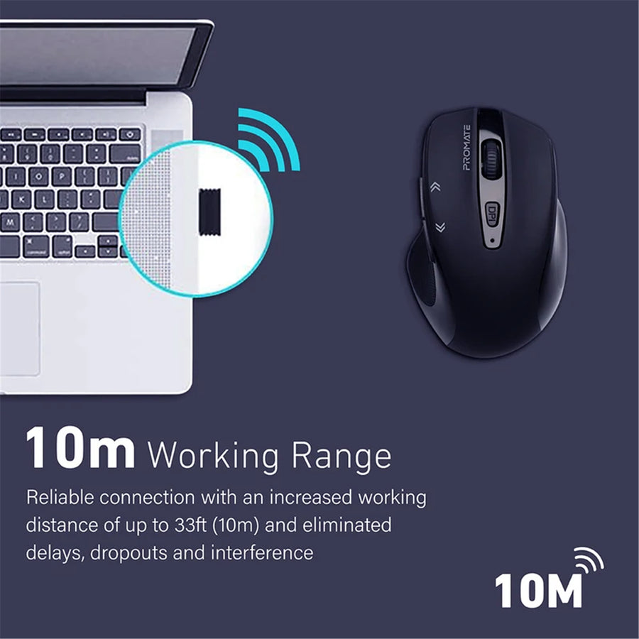 Promate CURSOR-BLK - EZGrip Ergonomic Wireless Mouse w/ Quick Forward/Back Buttons. 800/1200/1600Dpi 10m