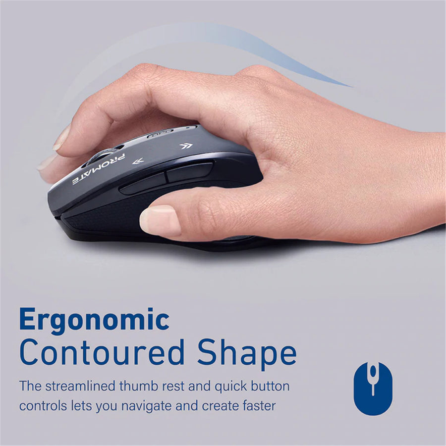 Promate CURSOR-BLK - EZGrip Ergonomic Wireless Mouse w/ Quick Forward/Back Buttons. 800/1200/1600Dpi 10m