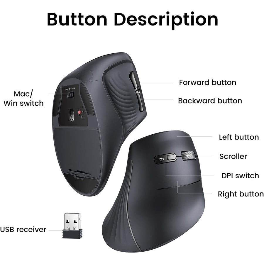 UGREEN  UG-25444   Vertical Ergonomic Mouse, Bluetooth & 2.4G, Silent Quiet Clicks, 5 Buttons, 4000 DPI