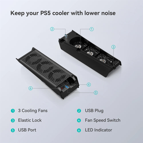 Kiwihome Cooling Fan for Sony PlayStation 5 - Black with LED Light - Upgraded Quiet Cooler Fan with 3 Fans & Controller USB Port - Compatible with PS5 Digital Edition/Ultra HD Console - Enhanced Support