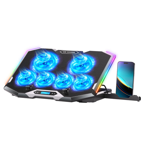 ICE COOREL K9 Gaming RGB Laptop Cooling Pad For 15-17.3 Inch Notebook - With 6 Cooling Fans - 6 Levels of Height Adjustable Stand - Phone Stand - RGB Light, LCD Screen, 2 USB Ports