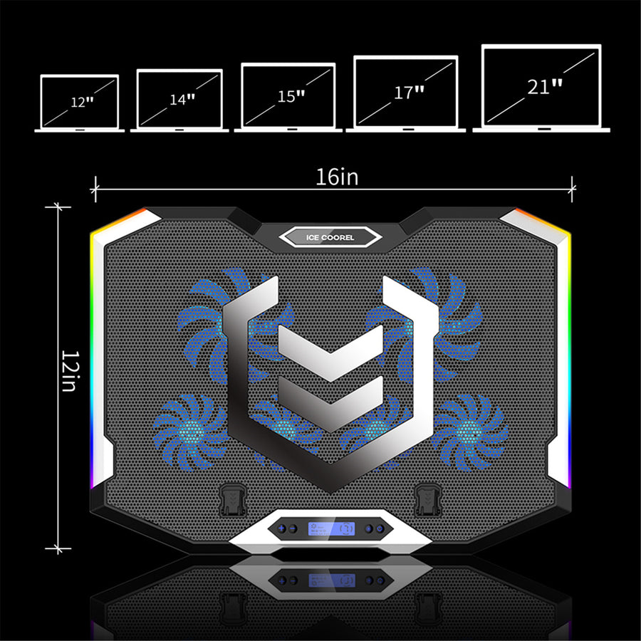 ICE COOREL K9 Gaming RGB Laptop Cooling Pad For 15-17.3 Inch Notebook - With 6 Cooling Fans - 6 Levels of Height Adjustable Stand - Phone Stand - RGB Light, LCD Screen, 2 USB Ports