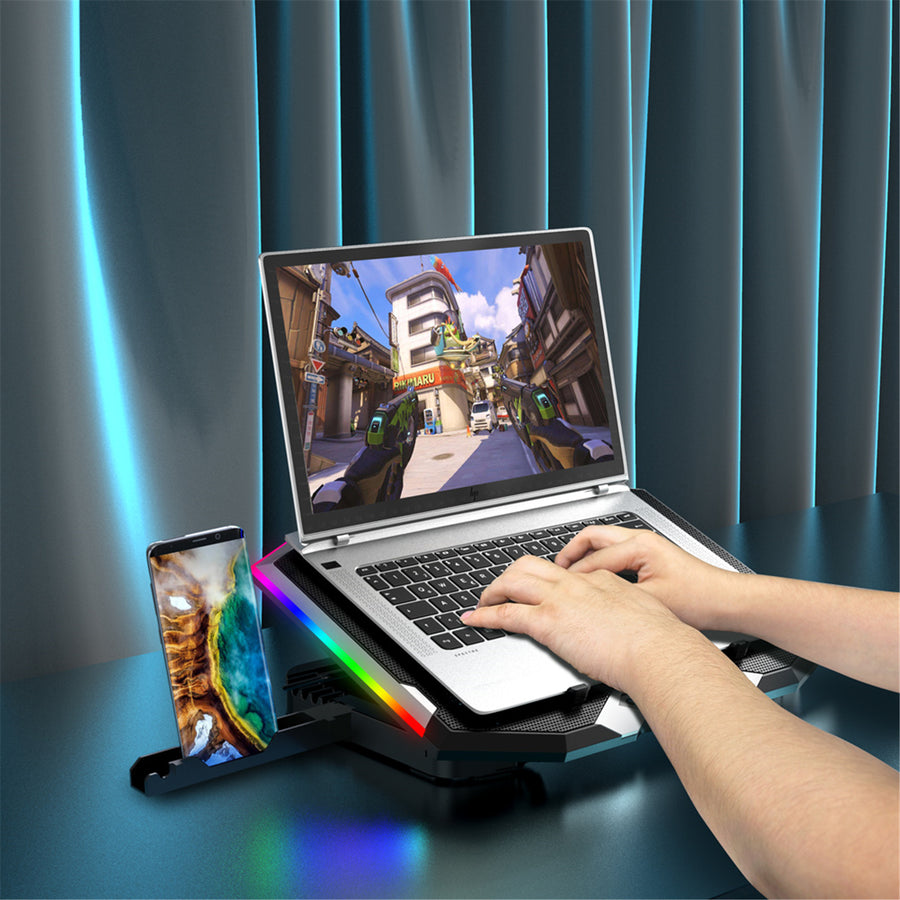 ICE COOREL K9 Gaming RGB Laptop Cooling Pad For 15-17.3 Inch Notebook - With 6 Cooling Fans - 6 Levels of Height Adjustable Stand - Phone Stand - RGB Light, LCD Screen, 2 USB Ports