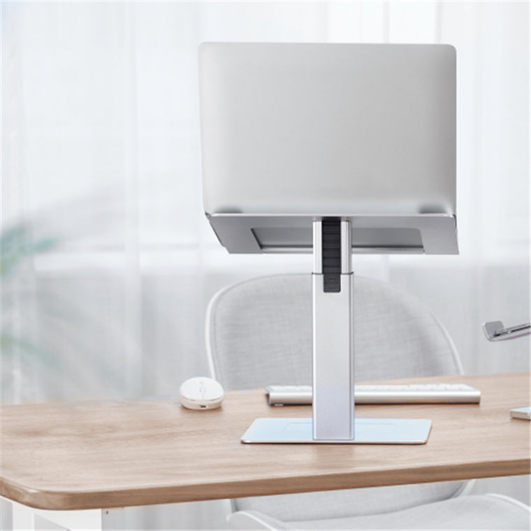 KONIC Height Adjustable Aluminum Laptop Riser Stand - Silver - Height Range 225-380mm - 16 Adjustable Levels Anchored Lock with increased stability