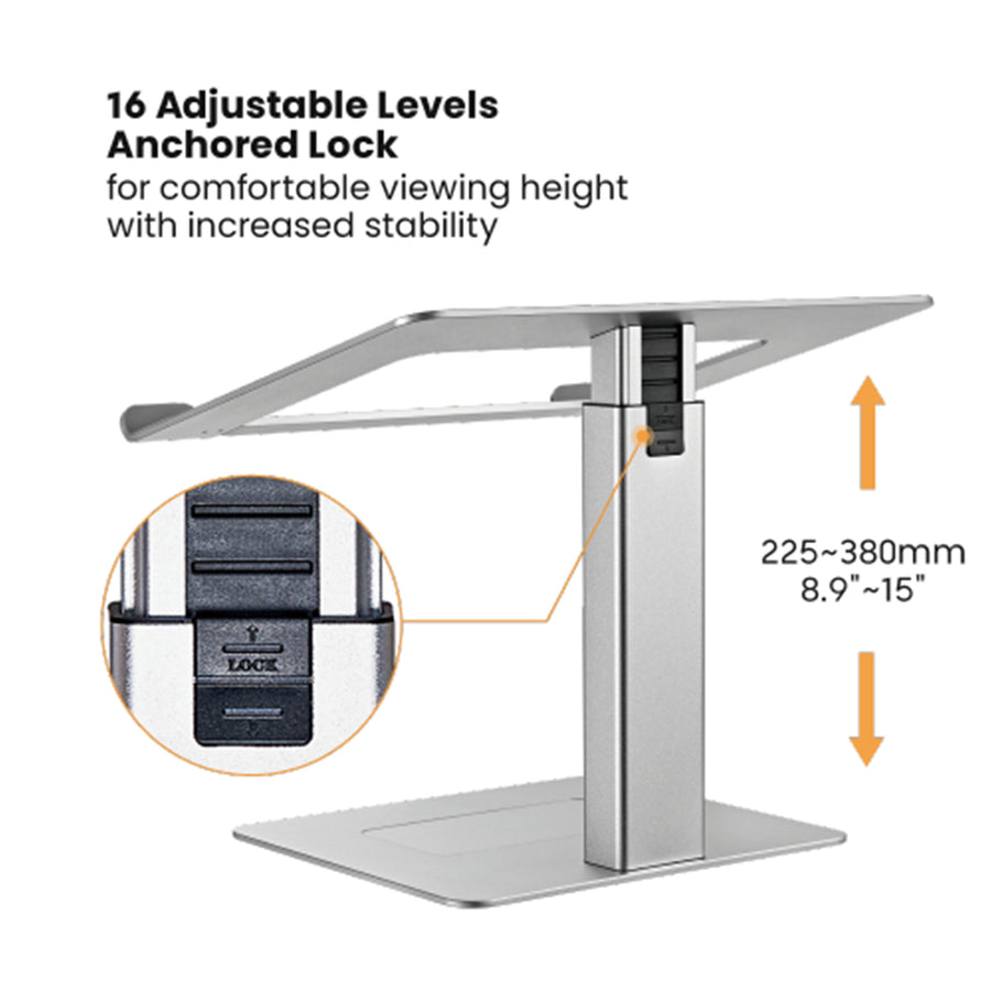 KONIC Height Adjustable Aluminum Laptop Riser Stand - Silver - Height Range 225-380mm - 16 Adjustable Levels Anchored Lock with increased stability