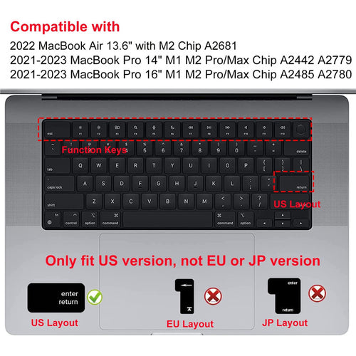 Ultra Thin Keyboard Cover Protector - Apple 13.6" Macbook Air with M2 Chip / MacBook Pro 14" A2442 A2779 / MacBook Pro 16" A2485 M1 Pro M1 Max A2780 M2 Pro M2 Max / MacBook Air 15.3", For Models: A2681 A2442 A2779 A2485 A2780 A2941, TPU 0.1