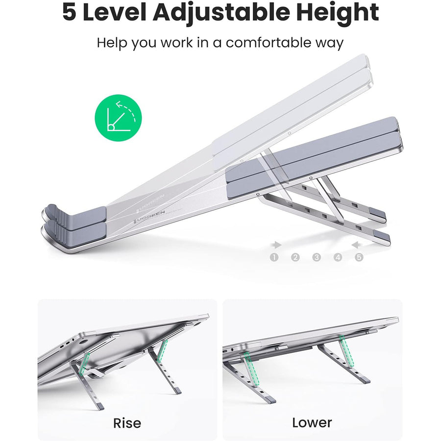 UGREEN UG-40289 Aluminum Foldable Laptop Stand - Silver - Foldable & Portable - 5 Level Height Adjustment - Support laptop up to 8"-17.3" iPad Mini/ Macbook Pro
