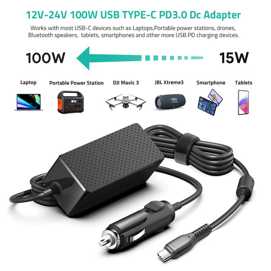 KFD 100W USB-C Laptop Car Charger 12V-24V Compatible With Macbook , Asus, Acer, Lenovo, HP, Dell, Toshiba, Tablets & Smartphone