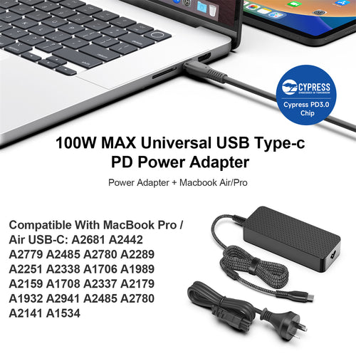 KFD 100W USB-C Laptop Power Adapter/PD Charger Compatible with MacBook Air/Pro, Asus, Acer, Lenovo, HP, Dell, Toshiba and Tablets - Black