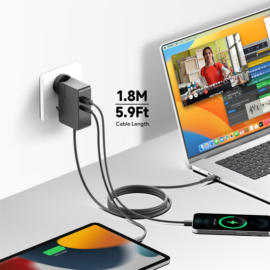 KFD 100W GaN USB-C Laptop Power Adapter/PD Charger - 1x USB-C & 1x USB-A - US/EU/AU/UK Travel Plug - Compatible with MacBook Air/Pro, Asus, Acer, Lenovo, HP, Dell, Toshiba - Black