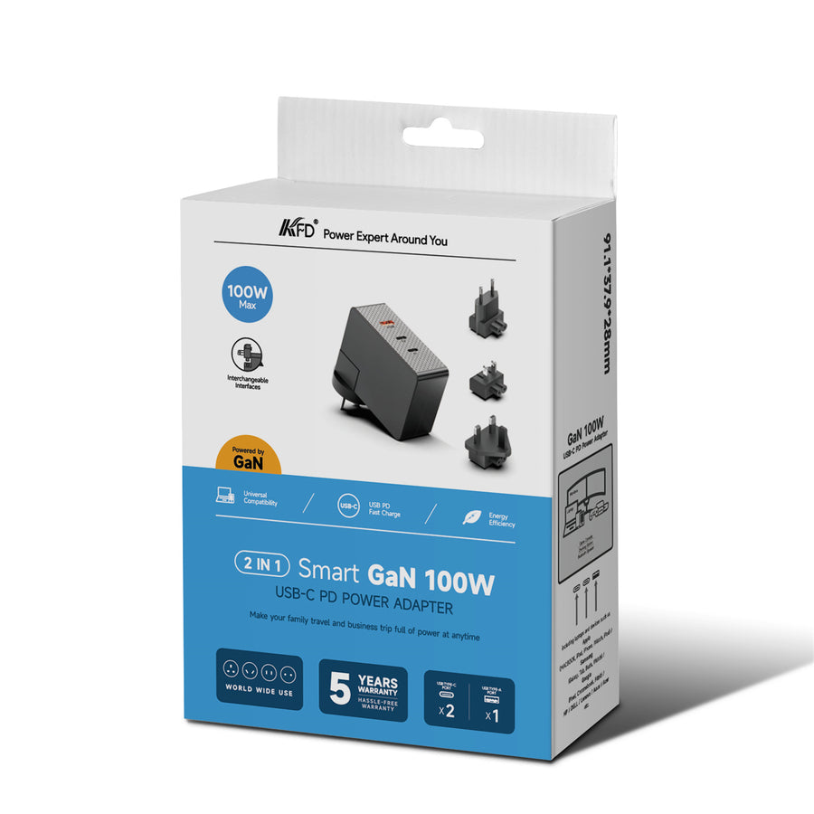 KFD 100W GaN USB-C Laptop Power Adapter/PD Wall Charger - 2x USB-C & 1x USB-A - US/EU/AU/UK Travel Plug - Compatible with MacBook Air/Pro, Asus, Acer, Lenovo, HP, Dell, Toshiba - Black