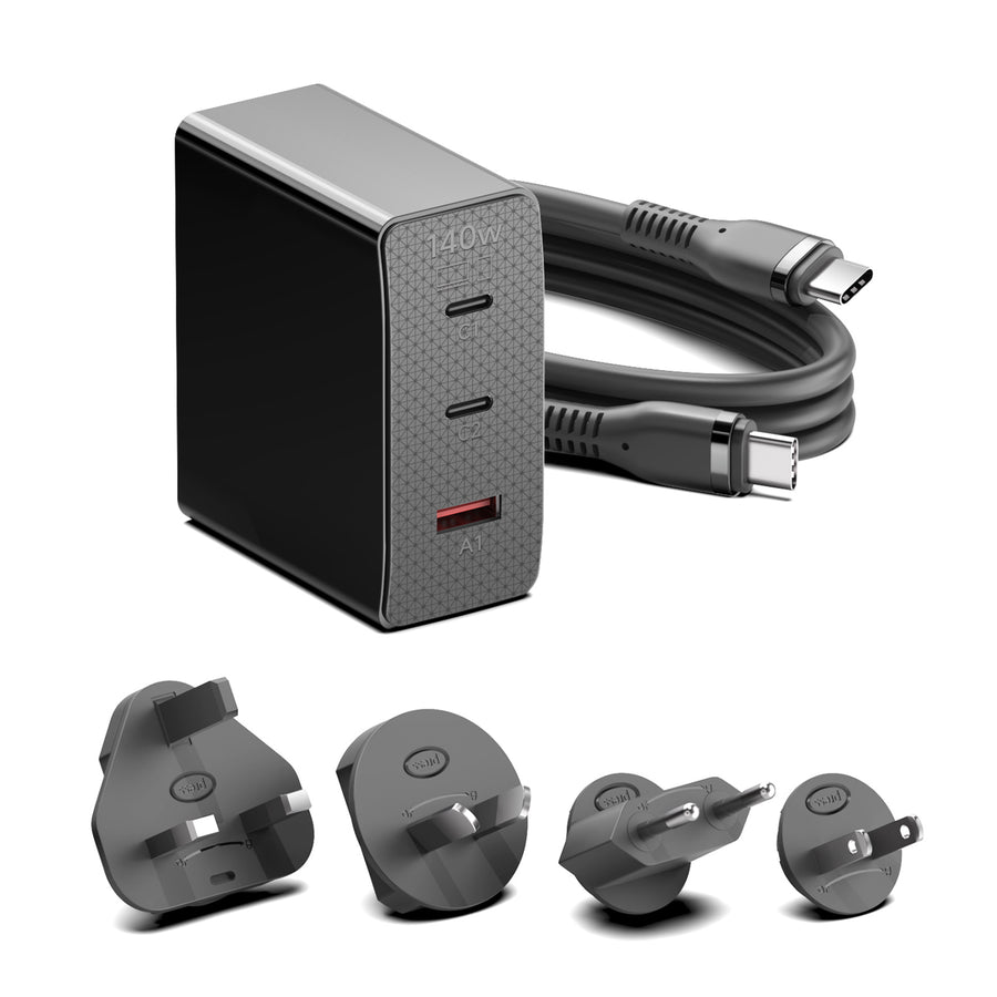 KFD 140W GaN USB-C Laptop Power Adapter/PD Wall Charger - 2x USB-C & 1x USB-A - US/EU/AU/UK Travel Plug - Compatible with MacBook Air/Pro, Asus, Acer, Lenovo, HP, Dell, Toshiba - Black
