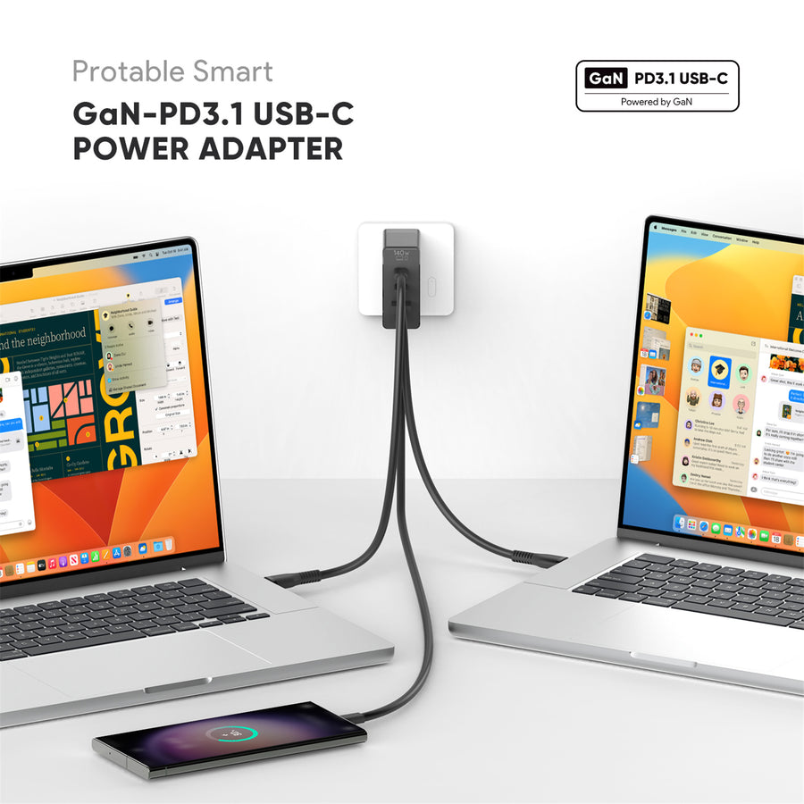 KFD 140W GaN USB-C Laptop Power Adapter/PD Wall Charger - 2x USB-C & 1x USB-A - US/EU/AU/UK Travel Plug - Compatible with MacBook Air/Pro, Asus, Acer, Lenovo, HP, Dell, Toshiba - Black