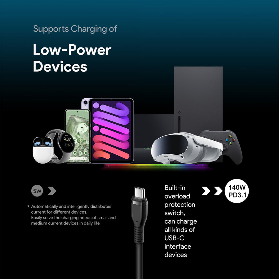 KFD 140W GaN USB-C Slim Laptop Power Adapter/PD3.1 Charger With Power Cord Cable - Black - Compatible 20V 5A PD 100W