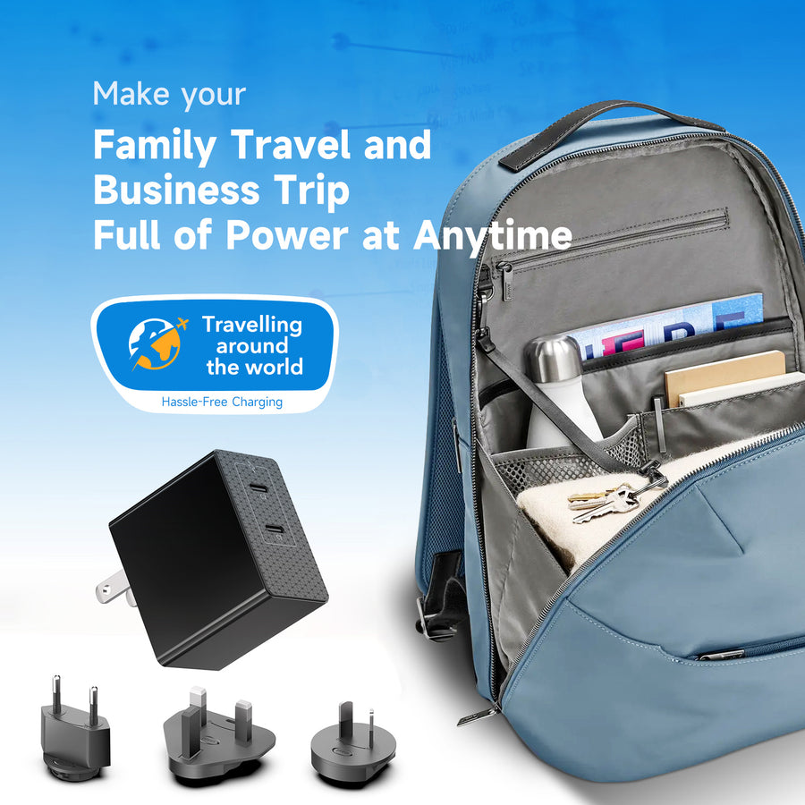 KFD 45W GaN Dual USB-C PD Wall Charger Travel Pack with US / EU / AU / UK Adapter Output: 45W PD+12W QC Max 57W