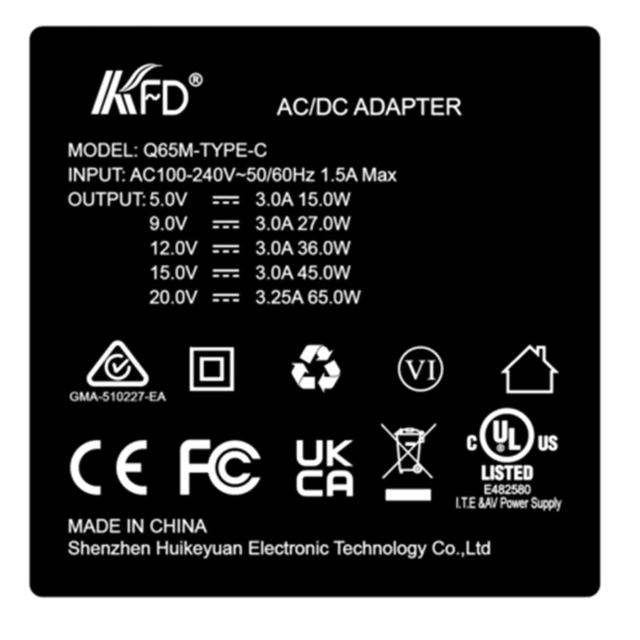 KFD 65W USB-C Laptop Power Adapter/PD Charger - Travel Pack Included US/EU/AU/UK Plug - Compatible with Asus, Acer, Lenovo, HP, Dell, Toshiba