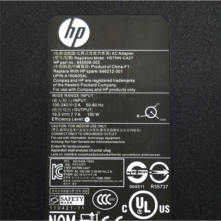 775626-003 - HP Power Adapter AC 150W 4.5mm Tip R/A 19VDC Output - C6 3-Pin AC Input