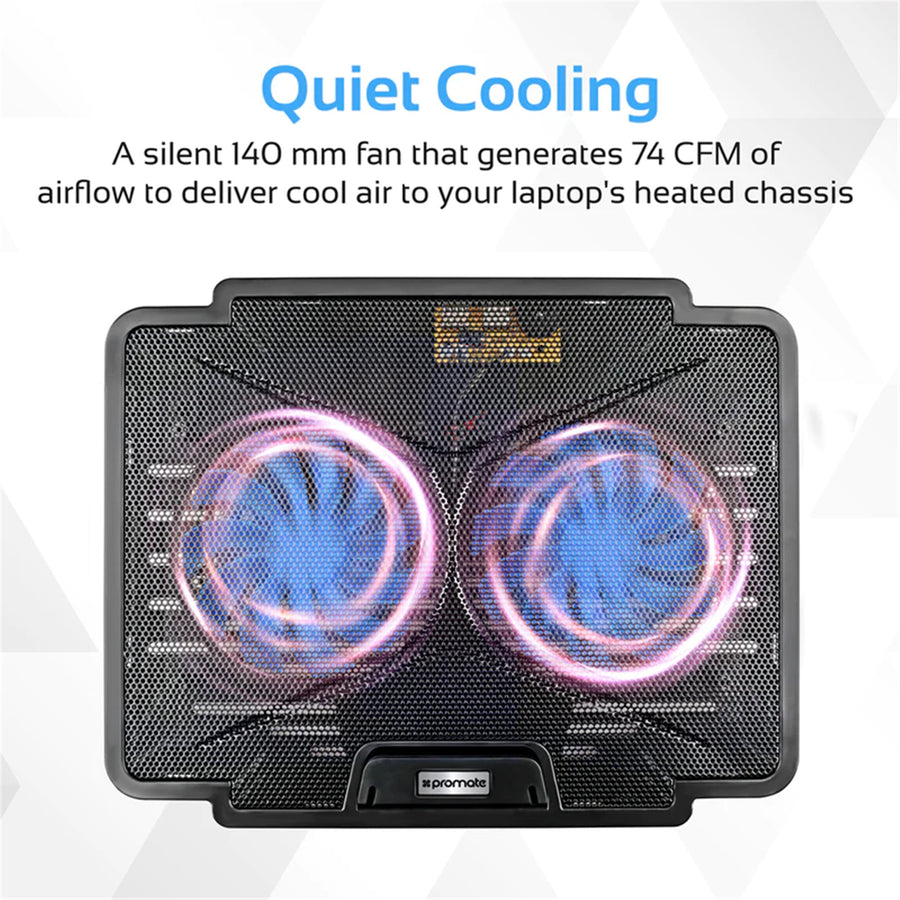 Promate AIRBASE-1-BLK - Laptop Cooling Pad w/ Silent Fan. Adjust height performance 140mm fans. USB.