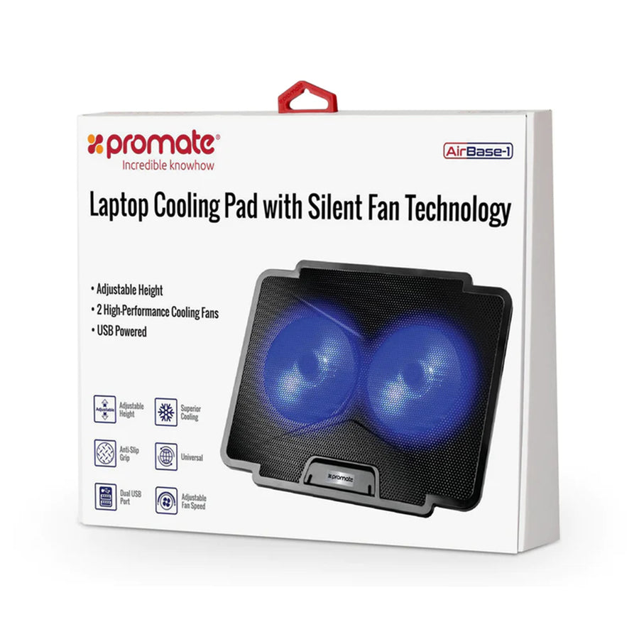 Promate AIRBASE-1-BLK - Laptop Cooling Pad w/ Silent Fan. Adjust height performance 140mm fans. USB.