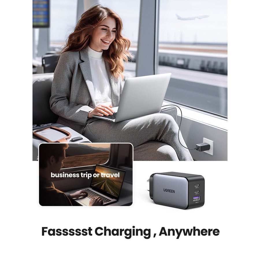 UGREEN Nexode 65W GaN Wandladegerät mit drei Anschlüssen – 1x USB-A & 2x USB-C – Für Laptops, iPhone & iPad