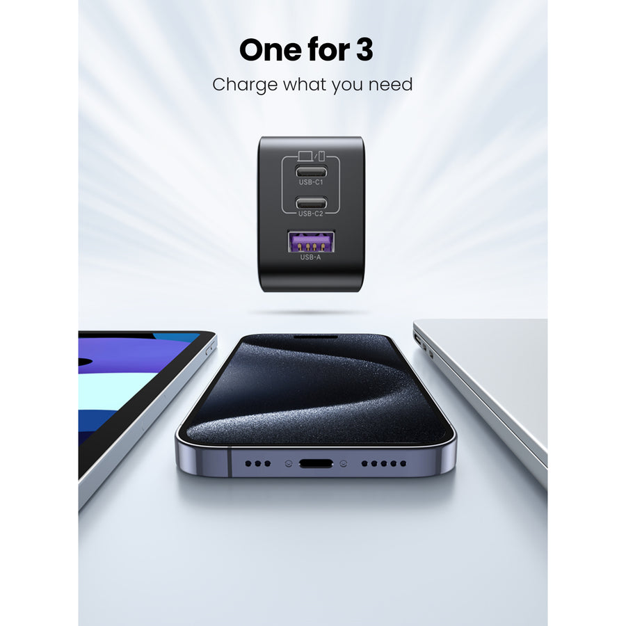 UGREEN Nexode 65W GaN Wandladegerät mit drei Anschlüssen – 1x USB-A & 2x USB-C – Für Laptops, iPhone & iPad