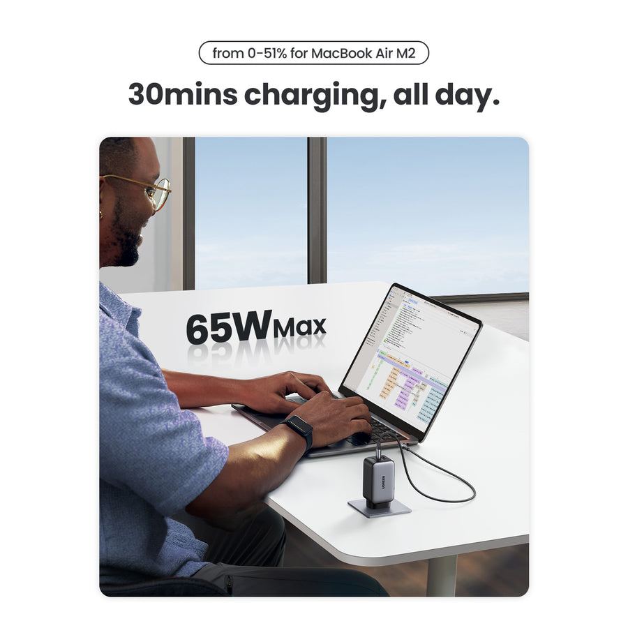 UG-25113 - UGREEN Nexode 65W Triple Ports GaN Wall Power Charger - 1x USB-A & 2x USB-C - For Laptops, iPhone & iPad
