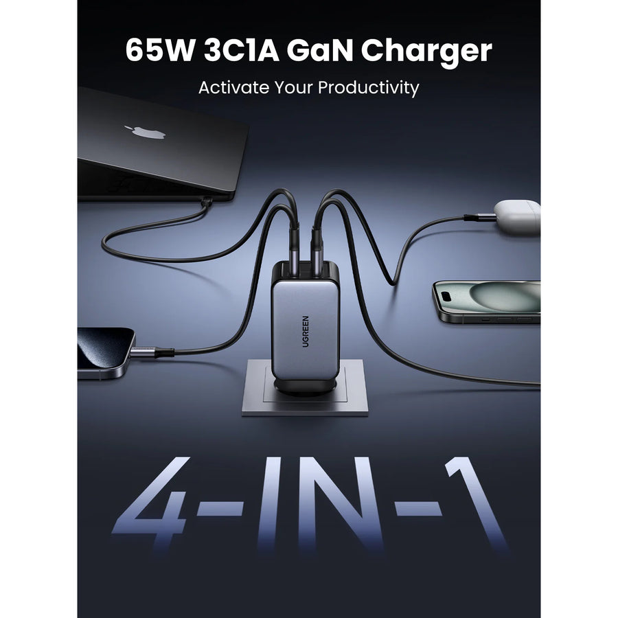UGREEN Nexode Pro 65W Quad Ports GaN Fast Wall Power Charger - 1x USB-A & 3x USB-C - For Laptops, Samsung Galaxy, iPhone & iPad