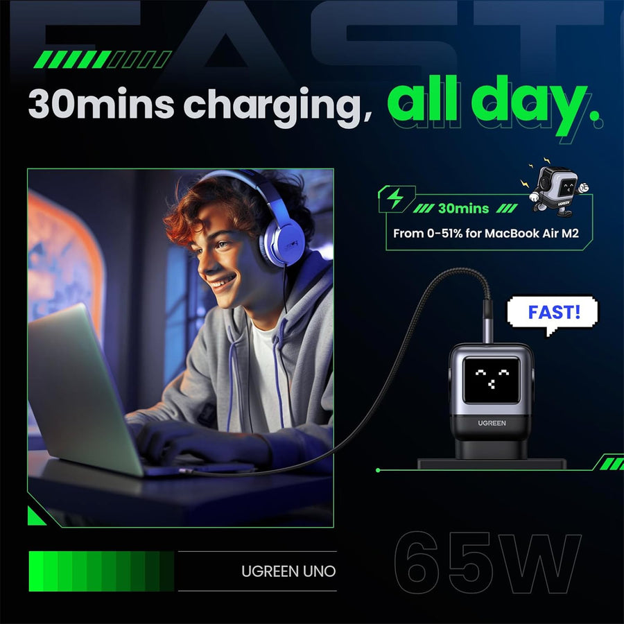 UGREEN Nexode 65W Triple Ports GaN Fast Wall Power Charger Robot Shape - 1x USB-A & 2x USB-C - For MacBook Pro, iPhone 17 Pro Max/16, Galaxy S25 Ultra(PPS 45W), Pixel 10, Steam Deck, ROG Ally