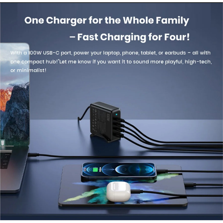 Zlos 100W 4 Port GAN Desktop Power Charger Charging Station With 1.5m Cable - 1x USB-A & 3x USB-C Port