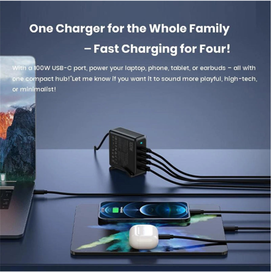 Zlos 100W 4 Port GAN Desktop Power Charger Charging Station With 1.5m Cable - 1x USB-A & 3x USB-C Port