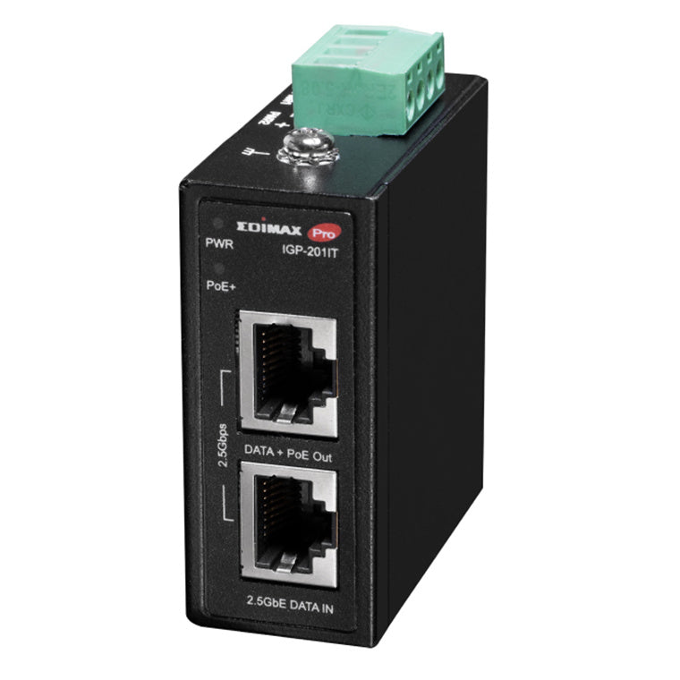 IGP-201IT - EDIMAX Industrial 2.5 Gigabit PoE+ 30W Power Injector. Supports IEEE 802.3at, Provides Power & Data, DIN-rail or Wall-mount, Operating Temp Range: -40 to 75C.