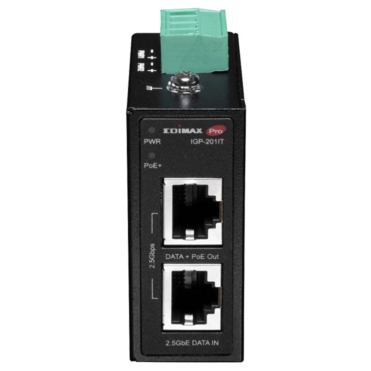 IGP-201IT - EDIMAX Industrial 2.5 Gigabit PoE+ 30W Power Injector. Supports IEEE 802.3at, Provides Power & Data, DIN-rail or Wall-mount, Operating Temp Range: -40 to 75C.