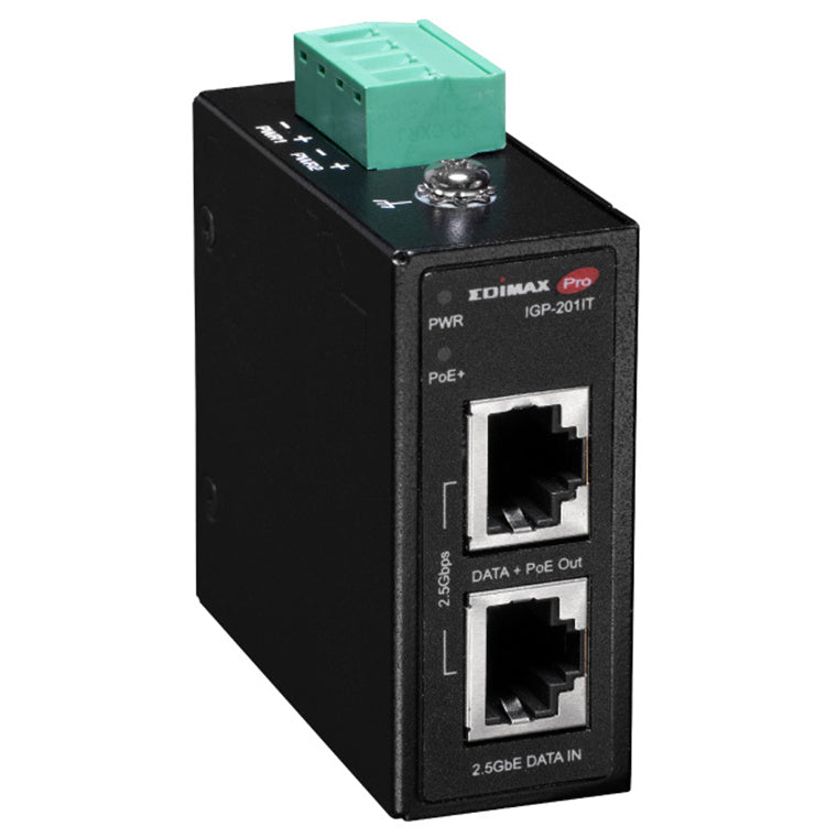 IGP-201IT - EDIMAX Industrial 2.5 Gigabit PoE+ 30W Power Injector. Supports IEEE 802.3at, Provides Power & Data, DIN-rail or Wall-mount, Operating Temp Range: -40 to 75C.