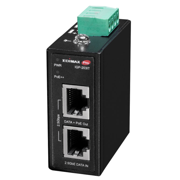 IGP-203IT - EDIMAX Industrial 2.5 Gigabit PoE++ 90W Power Injector. Supports IEEE 802.3at, IEEE 802.3at & IEEE 802.3bt, Provides Power & Data, DIN-rail or Wall-mount, IP50 Ingress Protection.