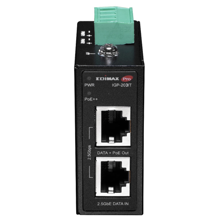 IGP-203IT - EDIMAX Industrial 2.5 Gigabit PoE++ 90W Power Injector. Supports IEEE 802.3at, IEEE 802.3at & IEEE 802.3bt, Provides Power & Data, DIN-rail or Wall-mount, IP50 Ingress Protection.