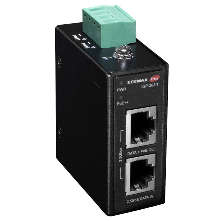 IGP-203IT - EDIMAX Industrial 2.5 Gigabit PoE++ 90W Power Injector. Supports IEEE 802.3at, IEEE 802.3at & IEEE 802.3bt, Provides Power & Data, DIN-rail or Wall-mount, IP50 Ingress Protection.