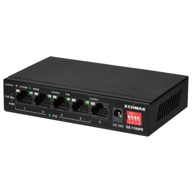 EDIMAX GS-1105PE - 5 Port 10/100/1000 Gigabit Ethernet w/ 4x PoE+ Ports & DIP Switch