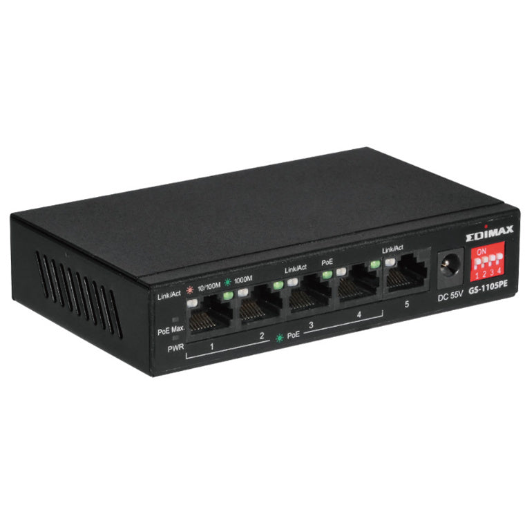 EDIMAX GS-1105PE - 5 Port 10/100/1000 Gigabit Ethernet w/ 4x PoE+ Ports & DIP Switch