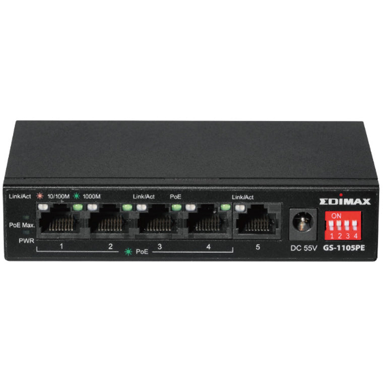 EDIMAX GS-1105PE - 5 Port 10/100/1000 Gigabit Ethernet w/ 4x PoE+ Ports & DIP Switch