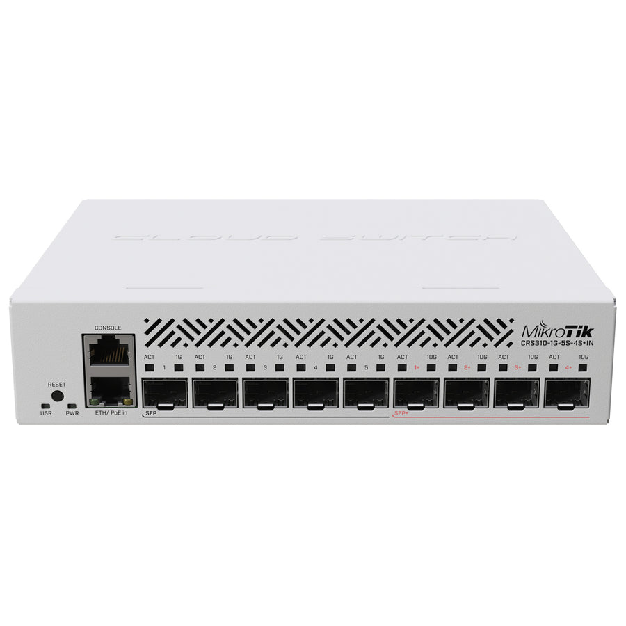 CRS310-1G-5S-4S+IN - MikroTik CRS310-1G-5S-4S+IN Multi-Gigabit SOHO Router Switch with 5 x 1G SFP ports, 4 x 10G SFP+ ports and 1 x Gigabit Ethernet
