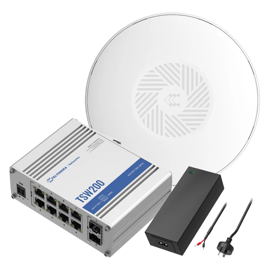 TN-KIT-01 - Teltonika Kit with one TAP200 WiFi AP and one TSW200 Gigabit PoE Switch with 62W Power Supply