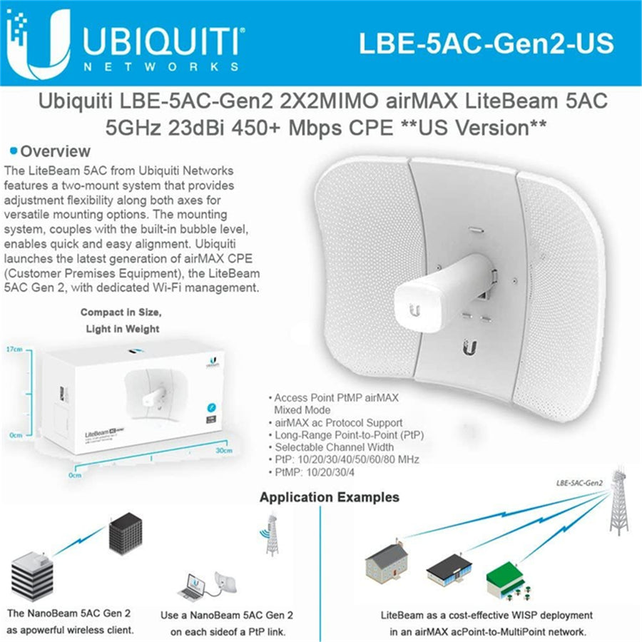 LBE-5AC-GEN2 - Ubiquiti 5GHz 23dBi LiteBeam AC Gen2 23dBi Antenna for PtP Bridge and WISP CPE