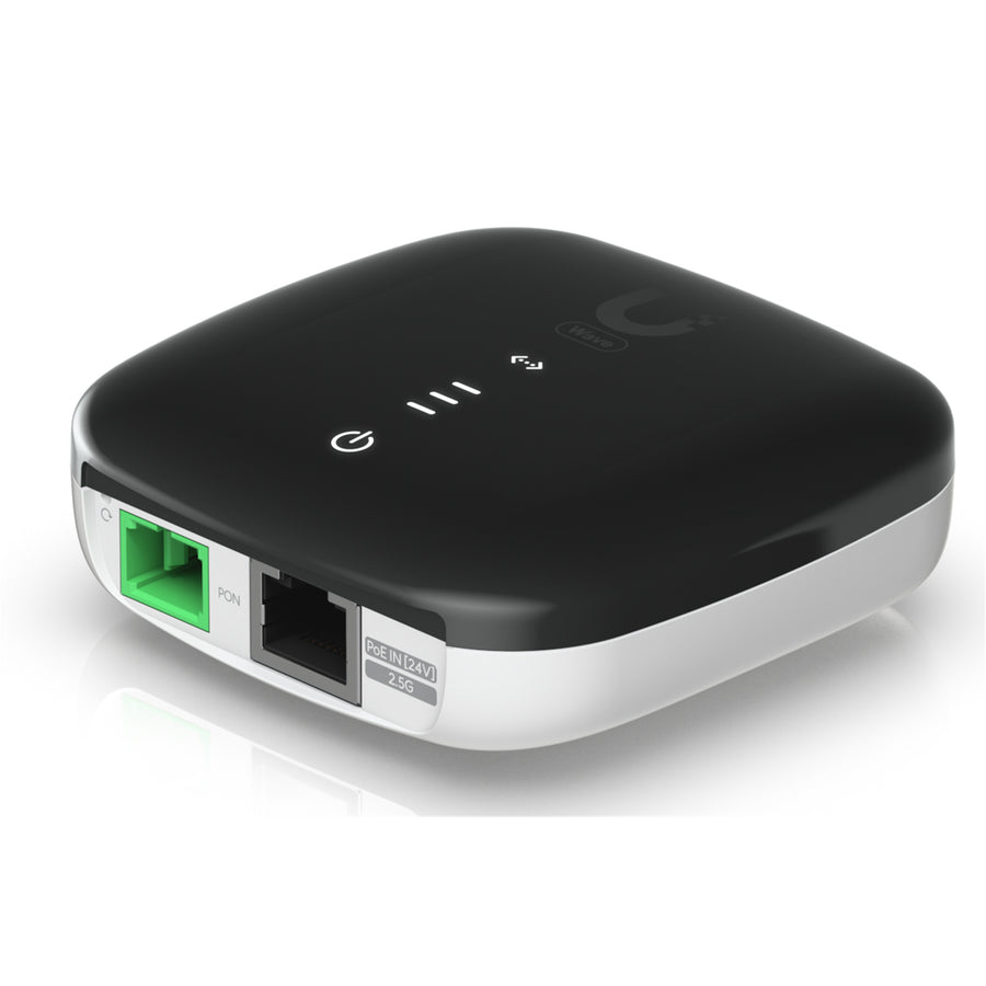 Ubiquiti UISP WaveFiber ONU, GPON optical network unit with a 2.5 GbE port that delivers 1.2 Gbps uplink / 2.5 Gbps downlink speeds at distances up to 20 km