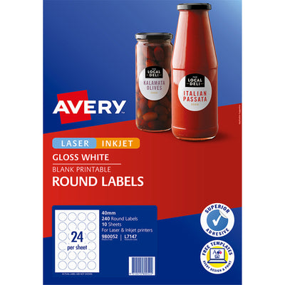 AVERY White Gloss Round Label - L7147 - 40mm - 240 Labels